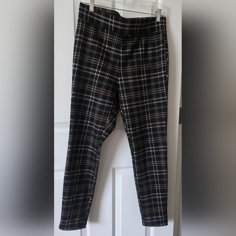 LOFT Pull On Black Plaid Women's Dress Pants, Gold,Black & Cream Plaid